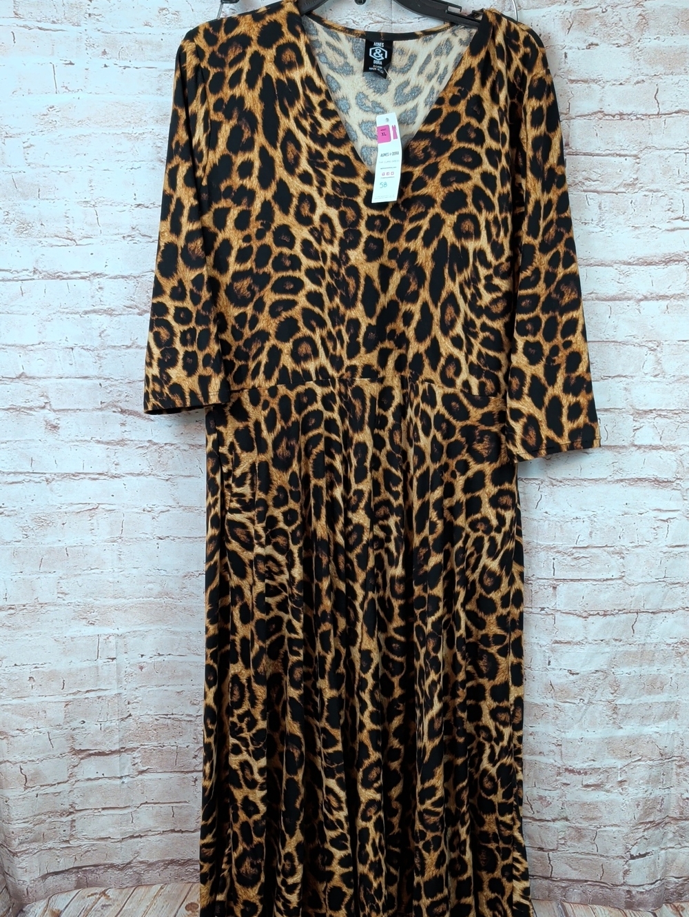 Agnes & Dora Leopard Print V-Neck Maxi Dress in Tan and Black XL Nwt New